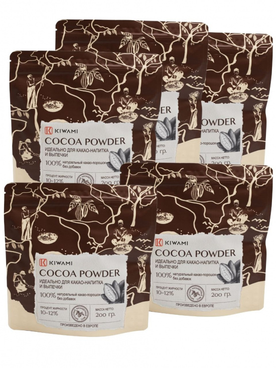 Комплект 5 штук "Какао-порошок натуральный, жирность 10-12%, 200 грамм" 